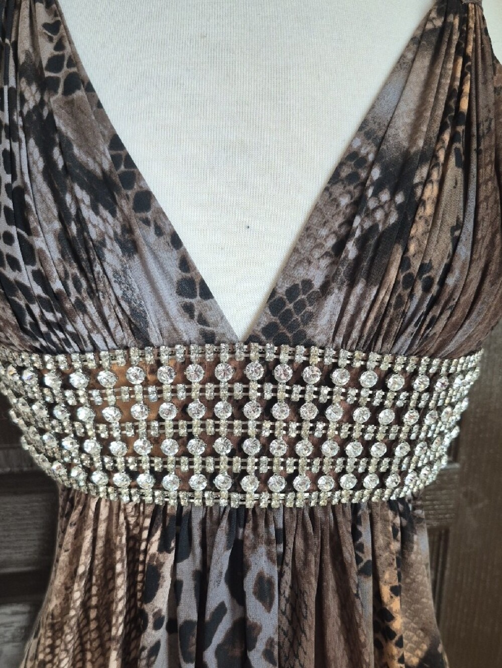 Sky Studded Empire Waist Animal Print Halter Dress in Brown and Tan Nwot - Picture 2 of 7
